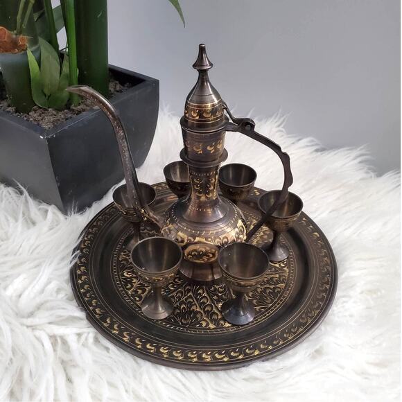 Vintage 8 Piece Etched Brass Tea Set - Picture 1 of 15
